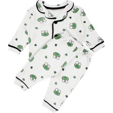 by BebekOdam Unisex Ekru Yeşil Kurbağa Desenli Kruvaze Yaka Pijama Takımı - 1016621