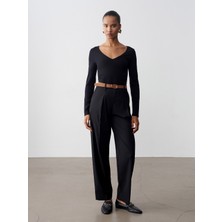 Dilvin 72661 Düz Paçalı Kemerli Pantolon-Siyah