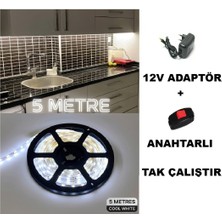 Mutfak Dolabı Tezgah Üstü Için 5 Metre Beyaz Şerit LED Işık Adaptörlü Aç Kapa Anahtarlı Tak Çalıştır
