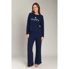Lovely Things Happy Waffle Uzun Kol Tişört Pantolon Set Pijama Takımı - Lacivert