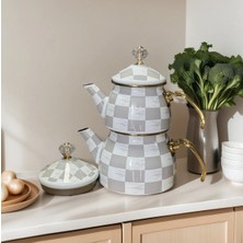 Porlisma Çift Kapak Gri Dama Desen Emaye Çaydanlık Takımı, Gold Saplı Emaye Çaydanlık Seti