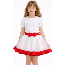 Sibel Günay Butik Kırmızı Şerit ve Fiyonk Detaylı Kız Çocuk Beyaz Tül Tütü Etek | 23 Nisan&29 Ekim&19 Mayıs