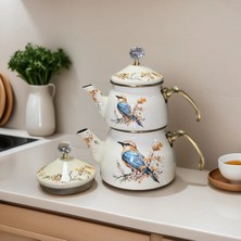 Porlisma Çift Kapak Serçe Dekor Emaye Çaydanlık Takımı, Gold Saplı Emaye Çaydanlık