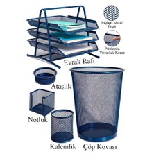 Artlantis Lacivert Metal Evrak Rafı 3 Lü Masaüstü Kalemlik 3 Lü ve Fileli Çöp Kovası 1 Paket Masaüstü A4 Dosya Düzenleyici Not
