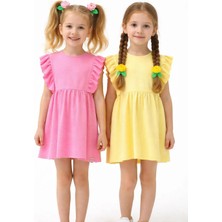 The Littles Kids Kız Çocuk Sarı ve Pembe Renk Kolları Fırfırlı Düğmeli Pamuklu Waffle Kumaş 2 Adet Yazlık Elbise(Toka Hediyeli)