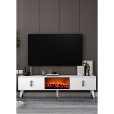 Cantek Dizayn TV0060-0060-TXA150-64 Şömineli Tv Sehpası Beyaz-Gümüş