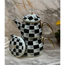 Porlisma Amara Çift Kapak Emaye Çaydanlık Takımı, Dama Desen Emaye Çaydanlık Seti