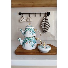 Porlisma Çift Kapak Zeytin Dalı Emaye Çaydanlık Takımı, Gold Saplı Emaye Çaydanlık