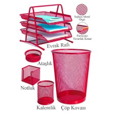 Artlantis Kırmızı Metal Evrak Rafı 3 Lü Masaüstü Kalemlik 3 Lü ve Fileli Çöp Kovası 1 Paket Masaüstü A4 Dosya Düzenleyici Not