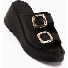 Limoya Luna Hakiki Deri Siyah Çift Bantlı Platform Topuklu Kadın Terlik