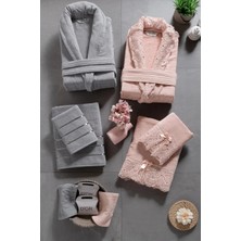 Mürdüm Home Ilya 10 Parça Aile Bornoz Takımı-Premium, Dantelli Bornoz Seti + 2 Kese ve 2 Sabun Hediye, Çeyizlik