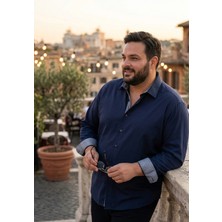 Exve Exclusive Lacivert Pamuk Saten Dokuma Yaka Manşet Desen Detaylı Büyük Beden Battal Gömlek