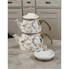 Porlisma Amara Çift Kapak Emaye Çaydanlık Takımı, Papağan Desen Emaye Çaydanlık Seti