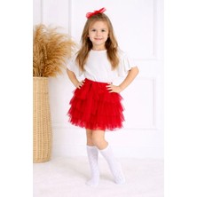Kız Çocuk Kolları Volanlı Sırtı Çapraz Pamuklu Kırmızı Tütülü Astarlı Beli Lastikli Bağlamalı Etekli Takım 23 Nisan Bayram Gösteri