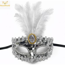 NW NessiWorld Lüks Gümüş Tüylü Taşlı Balo Maskesi