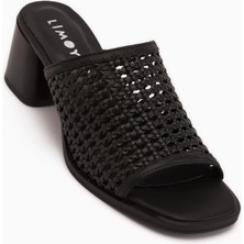 Limoya Luzia Hakiki Deri Siyah El Örgüsü Topuklu Kadın Terlik