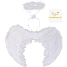 NW NessiWorld Beyaz Renkli Tüylü Bebek Melek Kanadı ve Tacı 30X45 cm