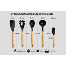 Aşkana 5 Parça Ahşap Saplı Silikon Mutfak Servis Seti-Yanmaz Yapışmaz Kepçe Spatula Kaşık Fırça-Asorti Renkler
