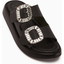 Limoya Esila Hakiki Deri Siyah Taşlı Kadın Terlik