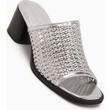 Limoya Luzia Hakiki Deri Gümüş El Örgüsü Topuklu Kadın Terlik