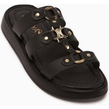 Limoya Blenda Hakiki Deri Siyah Tokalı Kadın Terlik