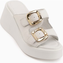 Limoya Luna Hakiki Deri Beyaz Çift Bantlı Platform Topuklu Kadın Terlik