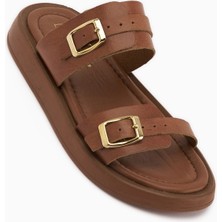 Limoya Matea Hakiki Deri Taba Çift Bantlı Kadın Terlik