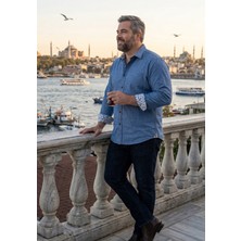 Exve Exclusive Mavi Oxford Pamuk Dokuma Yaka ve Manşet Desen Detaylı Büyük Beden Battal Gömlek