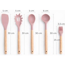 Aşkana 5 Parça Ahşap Saplı Silikon Mutfak Servis Seti-Yanmaz Yapışmaz Kepçe Spatula Kaşık Fırça-Asorti Renkler
