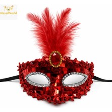 NW NessiWorld Lüks Kırmızı Tüylü Taşlı Balo Maskesi