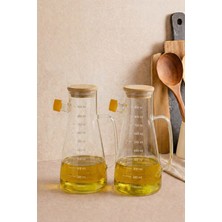 Porlisma Alice 2'li Bambu Kapaklı Borosilikat Cam Yağdanlık , 900 ml Cam Yağlık Sirkelik Şişesi