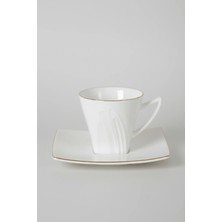 İpek Porselen 6 Kişilik Altın Yaldızlı Kare Form Tabaklı Porselen Kahve Fincan Takımı 12 Parça