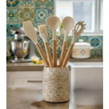 Aşkana 5 Parça Ahşap Saplı Silikon Mutfak Servis Seti-Yanmaz Yapışmaz Kepçe Spatula Kaşık Fırça-Asorti Renkler