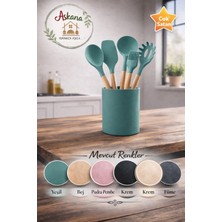 Aşkana 5 Parça Ahşap Saplı Silikon Mutfak Servis Seti-Yanmaz Yapışmaz Kepçe Spatula Kaşık Fırça-Asorti Renkler