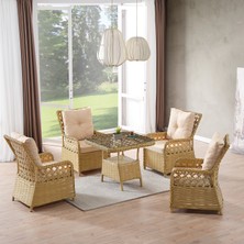 EVDEMO Duru 4 Kişilik Rattan Bahçe Balkon Mutfak Masa Takımı Cappuccino