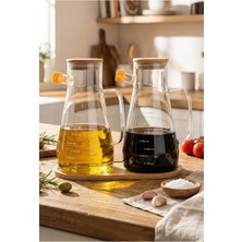 Porlisma Büyük Boy Bambu Kapaklı Vakumlu Borosilikat 3'lü Set Cam Yağlık Sirkelik Bambu Altlik