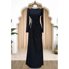 Amine Hüma Kristal Taş Detaylı Beli Drapeli Dilem Abiye Siyah