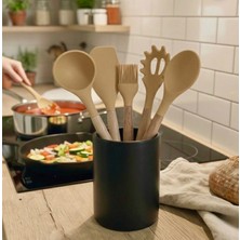 Aşkana 5 Parça Ahşap Saplı Silikon Mutfak Servis Seti-Yanmaz Yapışmaz Kepçe Spatula Kaşık Fırça-Asorti Renkler