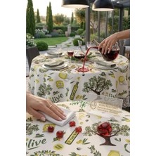 Rona Home Zeytin Dalı Desenli Kenarı Güpürlü Lüks Yuvarlak Masa Örtüsü Leke Tutmaz Duck Kumaş Şık Sofra Bezi