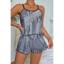 Leyna Love Baskılı Gri Saten Şortlu Gecelik Takım
