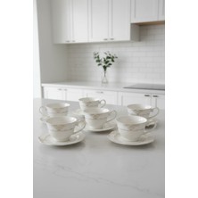 İpek Porselen 6 Kişilik Krem Altın Yaldızlı Tuğçe Porselen Çay Fincan Takımı 12 Parça