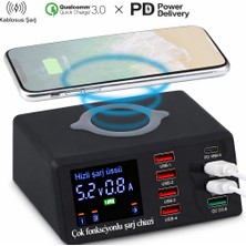 Qasul 8 Port Çok Fonksiyonlu Şarj Cihazı 100W Pd + Qc3.0 Hızlı Şarj  Kablosuz 10W Şarj LED Ekran 8 Kat Güvenlik Koruması
