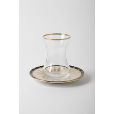 İpek Porselen 6 Kişilik Çizgili Desen Porselen Altın Yaldızlı Çay Takımı 12 Parça