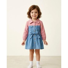 The Littles Kids Kız Çocuk %100 Pamuklu Müslin Kumaş Beli Kuşaklı Düğmeli Pembe Renk Mevsimlik Kot Elbise
