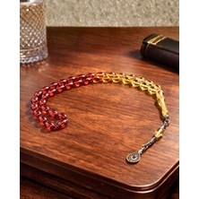 Sufi Tesbih Esans Ve Hediyelik Sıkma Kehribar Tesbih 12X8 mm Arpa Kesim Kırmızıdan Sarıya Geçişli Gümüş Kaplama Püsküllü Premium Tesbih