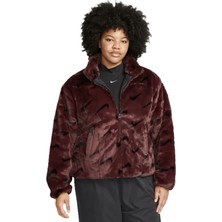 Nike Sportswear Loose Fit Printed Faux Fur Jackret Geniş Kalıp Suni Kürk Kadın Ceket Bordo