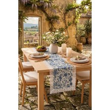 Rona Home Güpürlü Mavi Runner Masa Örtüsü Yaprak Desenli - Lüks Şık Yemek Masası Mutfak Salon Masa Şalı