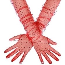 Eco Port Uzun Boy Kırmızı Puantiyeli Kırmızı Renk Yetişkin Tül Eldiven 55 cm