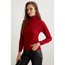 ETHIQUET Padma Kadın Slim Fit Dar Kesim Dik Yaka Viskon Karışımlı Uzun Kol Örme Bordo Kazak