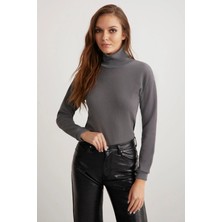 ETHIQUET Padma Kadın Slim Fit Dar Kesim Dik Yaka Viskon Karışımlı Uzun Kol Örme Antrasit Kazak